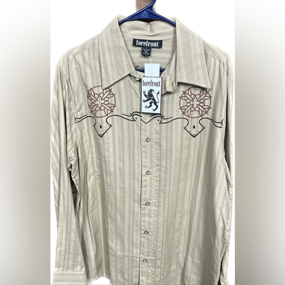 Forefront Western Country Button Down Shirt, New NWT Rare Khaki 100% Cotton Lg.
